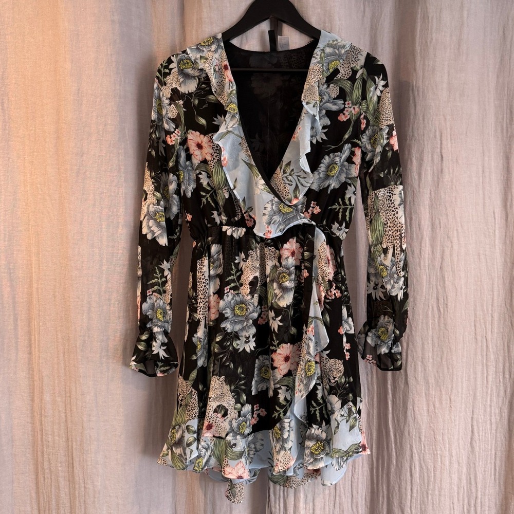 H&M Divided Women Black Floral Leopard Print Mini Dress Long Sleeve Size 8